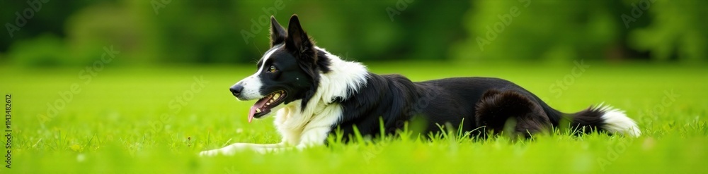 Black and white Border Collie stretching out on a green meadow, border collie, relaxed, black and white Black and white Border Collie stretching out on a green meadow, border collie, relaxed, black and white