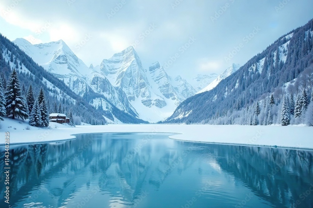 A frozen lake stretches out into a serene winter wonderland, frozen landscape, snow-covered mountains, icy expanse A frozen lake stretches out into a serene winter wonderland, frozen landscape, snow-covered mountains, icy expanse