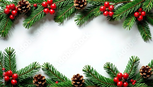 A garland of evergreen branches adorned with bright red berries and pinecones, greenery, red berries, evergreen