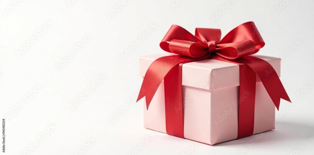 A gift box adorned with a large red ribbon in front of a plain white background, decorative, ribbon, red A gift box adorned with a large red ribbon in front of a plain white background, decorative, ribbon, red