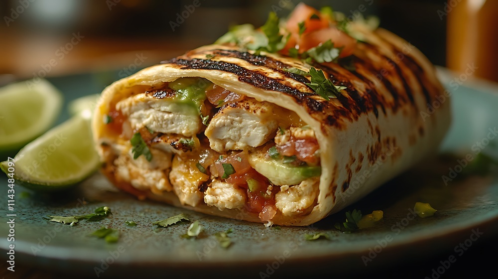A close-up food shot of a burrito sliced in half, displaying vivid layers of tender grilled chicken, avocado, melted cheese, and fresh tomato salsa, garnished with lime wedges, soft natural lighting, A close-up food shot of a burrito sliced in half, displaying vivid layers of tender grilled chicken, avocado, melted cheese, and fresh tomato salsa, garnished with lime wedges, soft natural lighting,