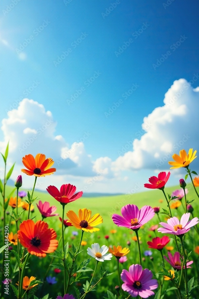 A colorful medley of wildflowers in full bloom against the vast expanse of a bright blue sky, blooms, blossoms A colorful medley of wildflowers in full bloom against the vast expanse of a bright blue sky, blooms, blossoms