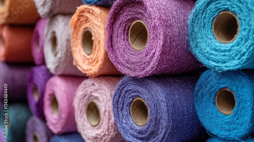 A collection of colorful rolls of fabric arranged in a visually appealing manner. photo