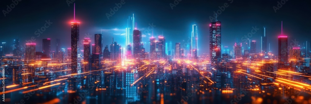 Futuristic Smart Cityscape with Neon Lights and Digital Pathways Connecting Skyscrapers and Infrastructure Futuristic Smart Cityscape with Neon Lights and Digital Pathways Connecting Skyscrapers and Infrastructure