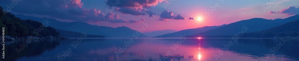 A crescent moon rises above the peaceful landscape of Yesa lake and its surroundings during a calm twil, crescent moon, even A crescent moon rises above the peaceful landscape of Yesa lake and its surroundings during a calm twil, crescent moon, even