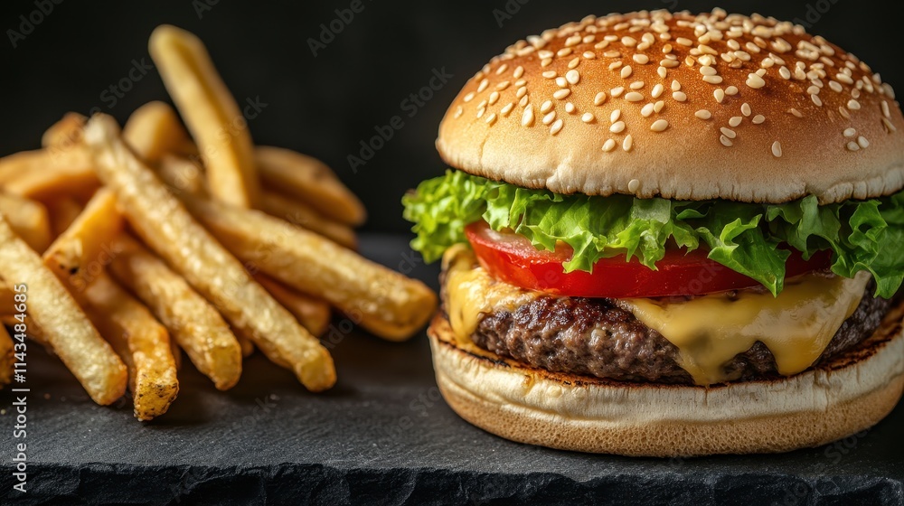 A mouth-watering burger with crispy fries and space on the left side for text, showcasing a juicy beef patty with melted cheese, fresh lettuce, tomato, and a sesame seed bun. The vibrant colors A mouth-watering burger with crispy fries and space on the left side for text, showcasing a juicy beef patty with melted cheese, fresh lettuce, tomato, and a sesame seed bun. The vibrant colors