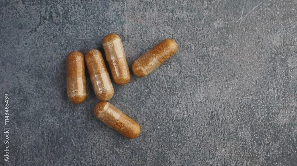 Natural Herbal Capsules Displayed Beautifully on a Dark Surface Background Natural Herbal Capsules Displayed Beautifully on a Dark Surface Background