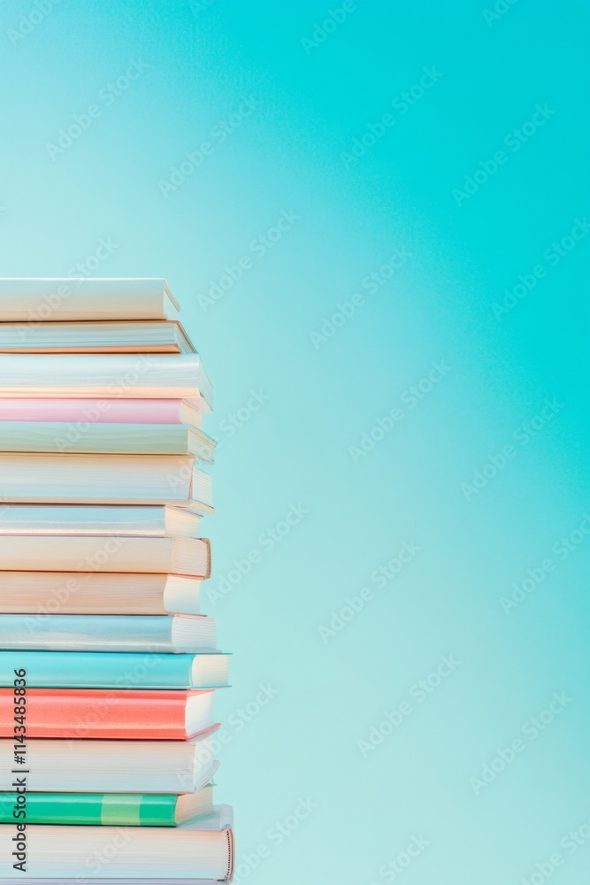 Serene Stack of Books Against Aqua Backdrop with Soft Reflections Serene Stack of Books Against Aqua Backdrop with Soft Reflections