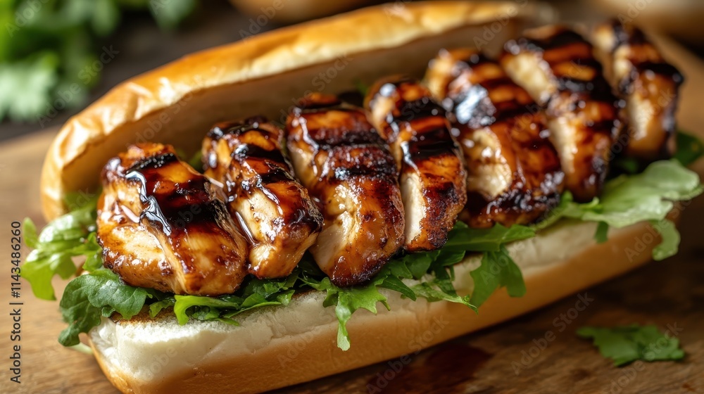 Grilled teriyaki chicken on a roll with greens. Perfect for restaurant menus or food blogs. Grilled teriyaki chicken on a roll with greens. Perfect for restaurant menus or food blogs.