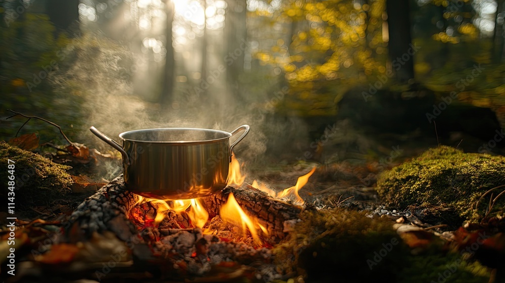 Tranquil Campfire Scene with a Pot on Flames Surrounded by Forest and Autumn Leaves, Evoking a Sense of Peace and Connection with Nature Tranquil Campfire Scene with a Pot on Flames Surrounded by Forest and Autumn Leaves, Evoking a Sense of Peace and Connection with Nature