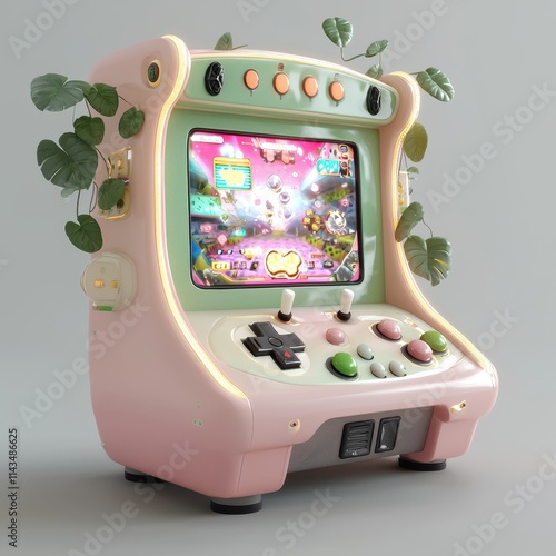 Retro Style Arcade Game Console with Plants in Soft Colors
