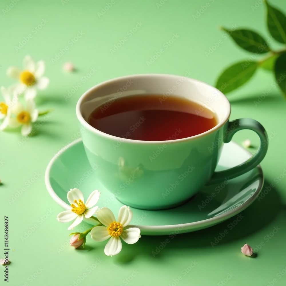 A delicate green cup containing black tea on a soft green background with a subtle leaf pattern and some scattered flowers, relaxing, gentle A delicate green cup containing black tea on a soft green background with a subtle leaf pattern and some scattered flowers, relaxing, gentle