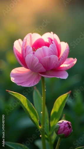 A delicate pink peony flower blooming in the early morning dew, wildflowers, spring blooms