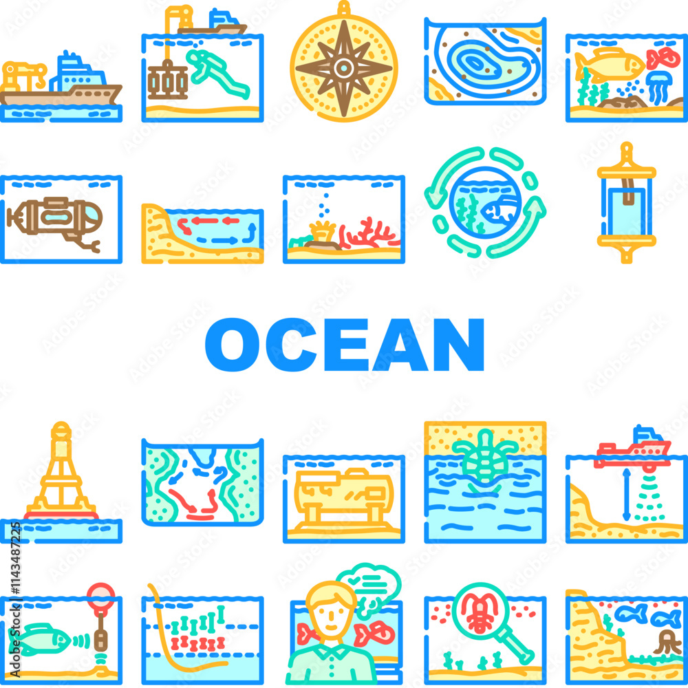 world ocean marine biodiversity icons set vector. ecosystem conservation, pollution coral, climate sea, fish, currents waves, tides world ocean marine biodiversity color line illustrations world ocean marine biodiversity icons set vector. ecosystem conservation, pollution coral, climate sea, fish, currents waves, tides world ocean marine biodiversity color line illustrations