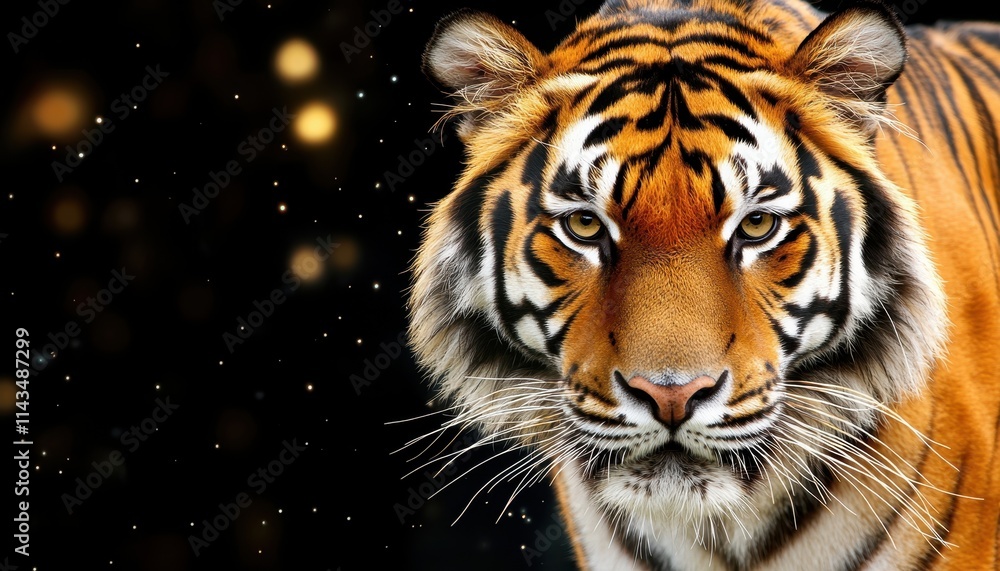 Majestic tiger staring intently jungle wildlife photography dark environment close-up nature's beauty Majestic tiger staring intently jungle wildlife photography dark environment close-up nature's beauty