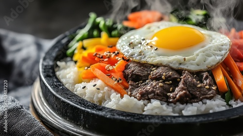 A steaming plate of bibimbap with space on the left side for text, showcasing a colorful mix of vegetables, beef, and a sunny-side-up egg over a bed of rice, served in a sizzling hot stone bowl.  photo