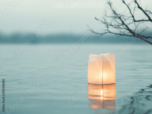 Tranquil Riverside Evening with Floating Lantern A Peaceful Meditation Scene photo