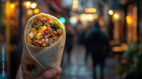 A perfectly wrapped burrito held up against a backdrop of a blurred urban cafe scene with people walking, vibrant colors, steaming fillings peeking out, soft bokeh effect, natural soft sunlight, photo