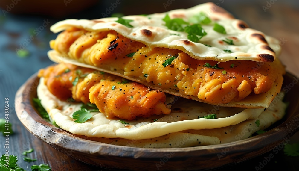 Delicious indian street food naan with spiced potato filling vibrant kitchen food photography rustic setting close-up view culinary delight Delicious indian street food naan with spiced potato filling vibrant kitchen food photography rustic setting close-up view culinary delight