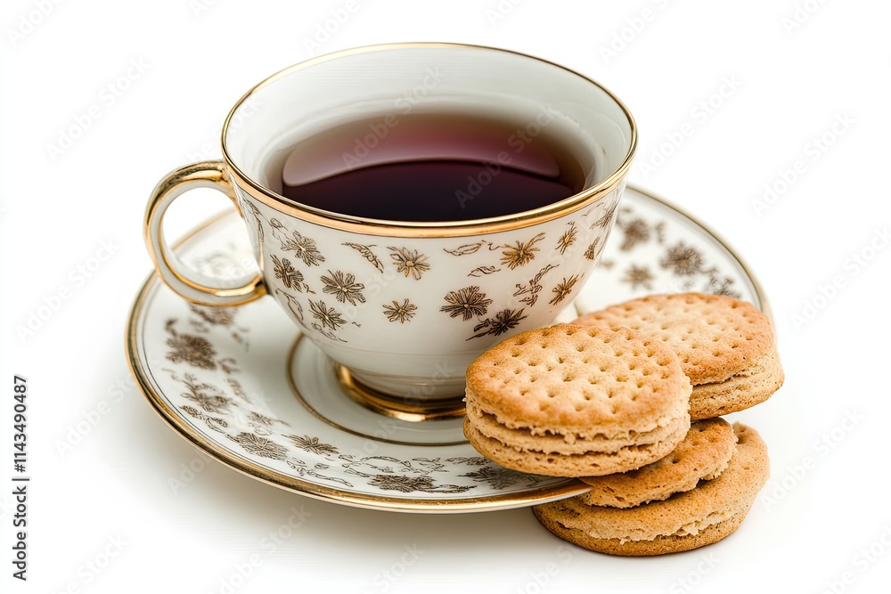 Antique tea cup with biscuits on white background Antique tea cup with biscuits on white background