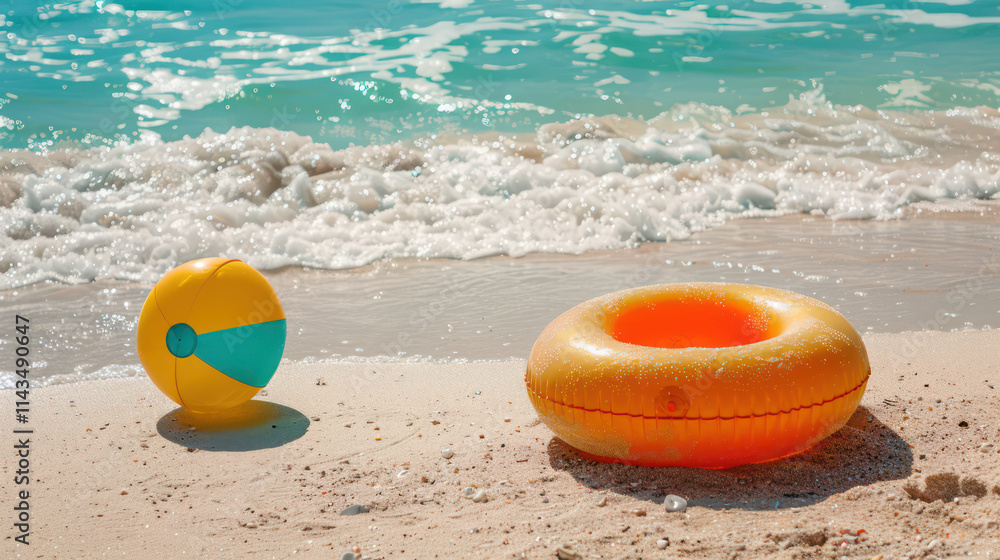 Bright beach scene with orange float and beach ball on sandy shore