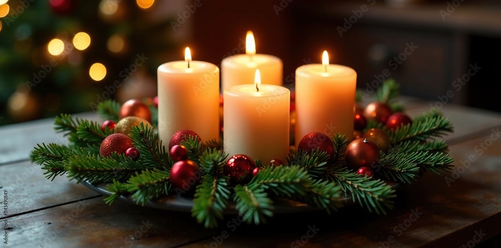 A festive circular centerpiece made of candles and evergreen branches, candles, festive decor A festive circular centerpiece made of candles and evergreen branches, candles, festive decor