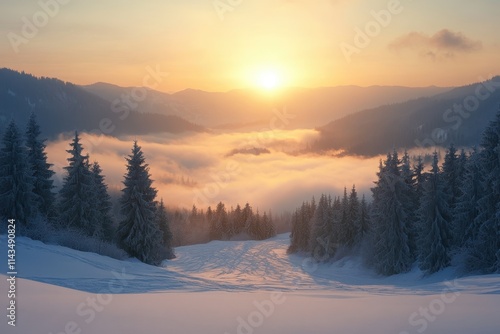 Wallpaper Mural Snowy mountain range at sunrise, fog below. Perfect for winter, nature, and travel themes; evokes serenity and peace. Torontodigital.ca