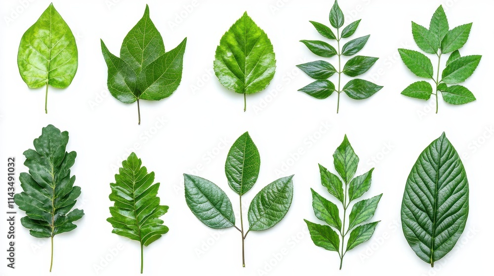 Ten vibrant green leaves isolated on white. Perfect for nature, botany, or eco-friendly designs. Ten vibrant green leaves isolated on white. Perfect for nature, botany, or eco-friendly designs.