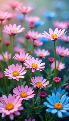 A field of colorful daisies in soft pink and blue hues, garden, fields