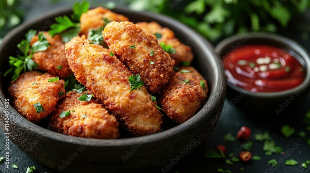A bowl of crispy fried snacks garnished with herbs and served with a dipping sauce. A bowl of crispy fried snacks garnished with herbs and served with a dipping sauce.