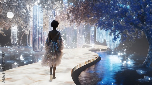 Woman walks dreamily through glowing forest 3D fantasy-inspired art. AI Generated photo