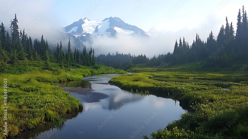 Serene Mountain Vista: Morning Mist over a Tranquil River Valley. AI Generated Serene Mountain Vista: Morning Mist over a Tranquil River Valley. AI Generated