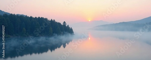 A forested lake peninsula in early morning fog, misty morning, foggy landscape photo