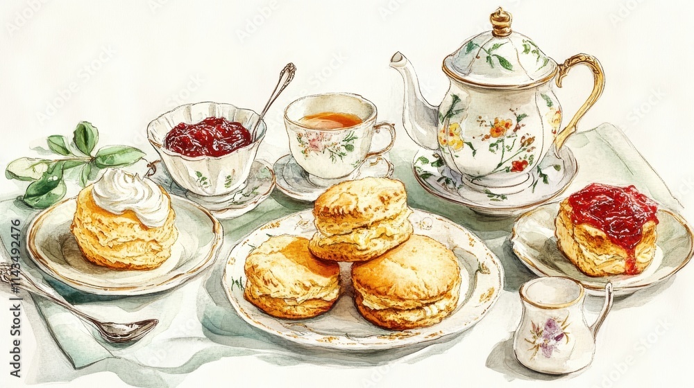 Classic Afternoon Tea with Fresh Scones, Cream, Jam, and Floral Tea Set Classic Afternoon Tea with Fresh Scones, Cream, Jam, and Floral Tea Set