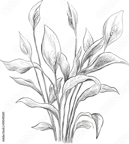 White anthurium botanical sketch illustration
