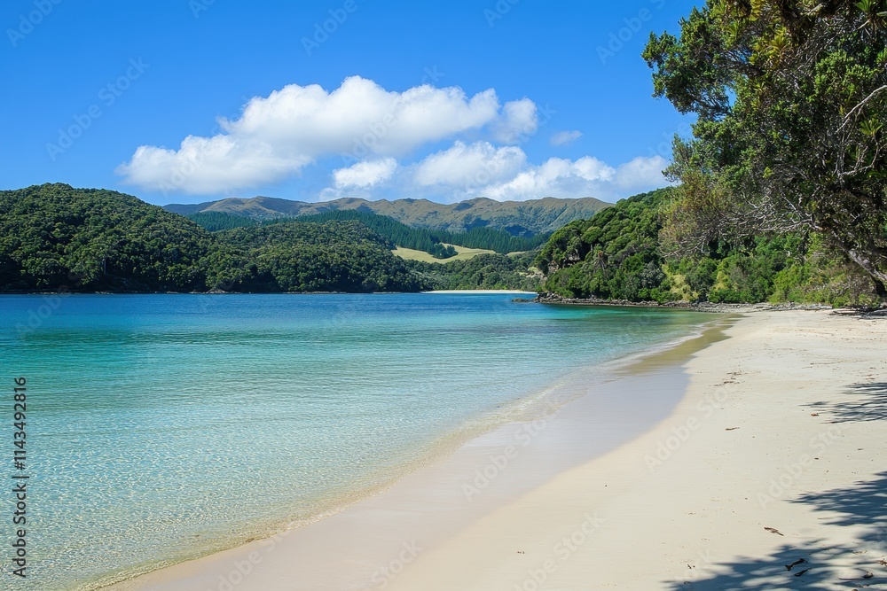 Pristine Sandy Beach with Clear Waters and Green Hills Under a Bright Blue Sky Pristine Sandy Beach with Clear Waters and Green Hills Under a Bright Blue Sky