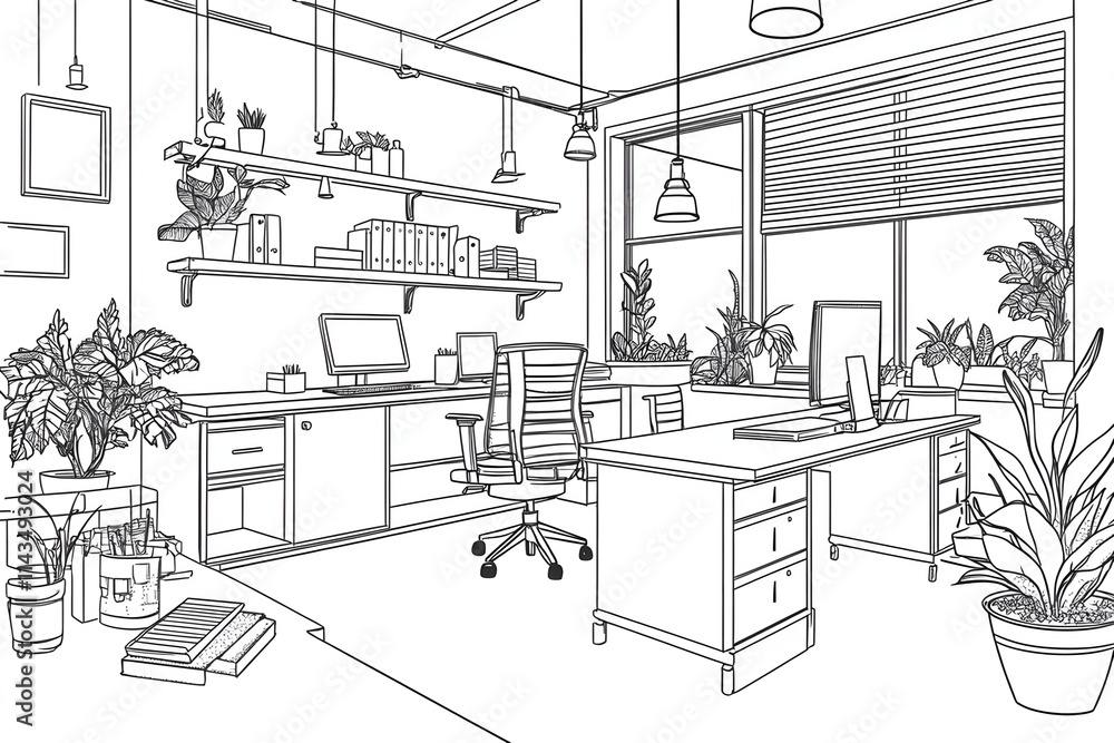 Office background with abstract elements such as office chairs and desk items. A minimalist office space with white walls, simple furniture, and clean lines. The desk is clutter-free, line art vector Office background with abstract elements such as office chairs and desk items. A minimalist office space with white walls, simple furniture, and clean lines. The desk is clutter-free, line art vector