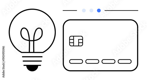 Light bulb and credit card signifying creativity and electronic transactions. Ideal for fintech, innovation, e-commerce, online banking, digital payments, personal finance, and cybersecurity. Line