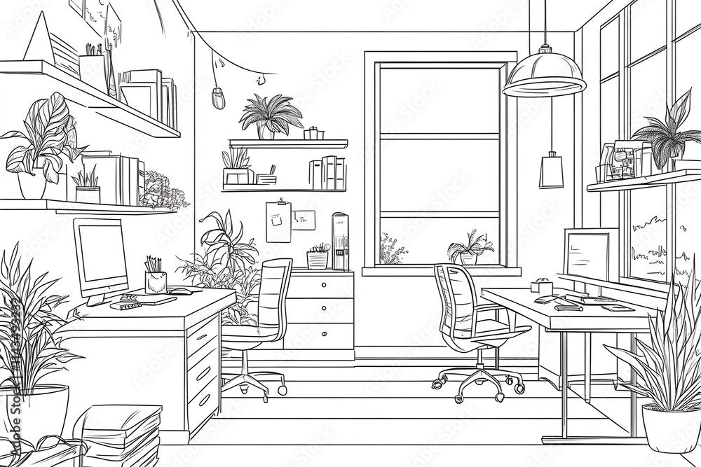 Office background with abstract elements such as office chairs and desk items. A minimalist office space with white walls, simple furniture, and clean lines. The desk is clutter-free, line art vector Office background with abstract elements such as office chairs and desk items. A minimalist office space with white walls, simple furniture, and clean lines. The desk is clutter-free, line art vector