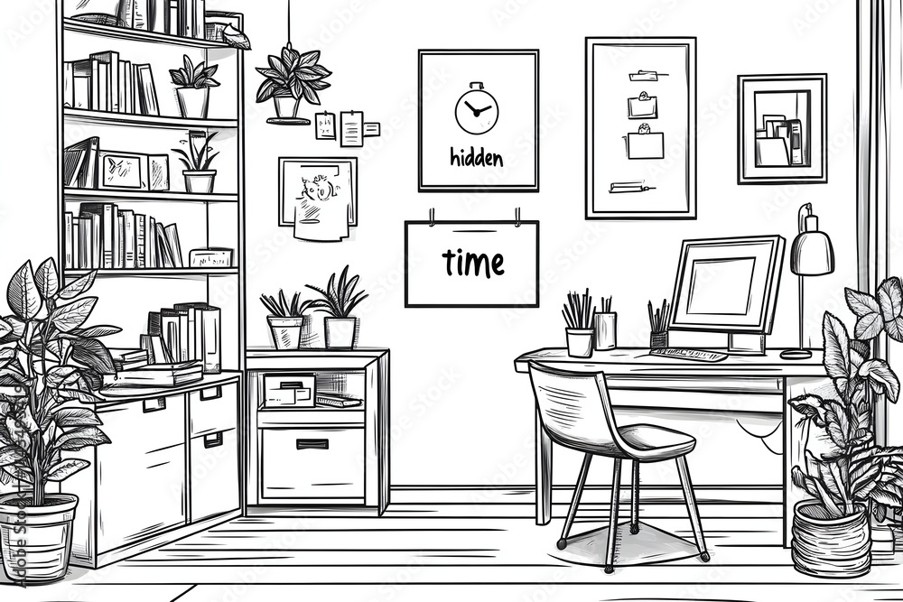 Office background with abstract elements such as office chairs and desk items. A minimalist office space with white walls, simple furniture, and clean lines. The desk is clutter-free, line art vector Office background with abstract elements such as office chairs and desk items. A minimalist office space with white walls, simple furniture, and clean lines. The desk is clutter-free, line art vector