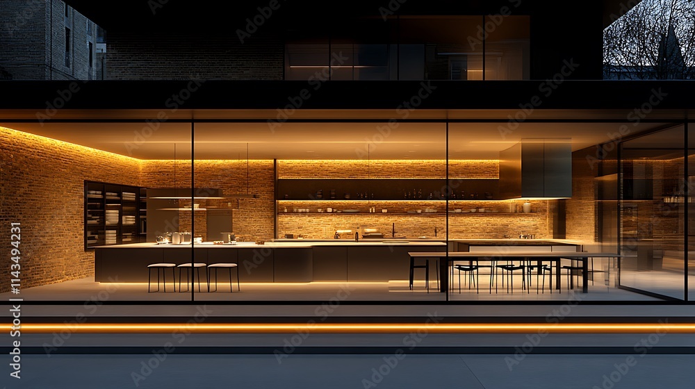 Modern Brick Kitchen Illuminated At Night With Warm Lighting Modern Brick Kitchen Illuminated At Night With Warm Lighting