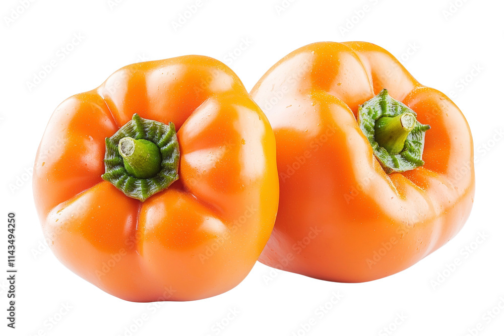 Two orange peppers are sitting on a white background Two orange peppers are sitting on a white background