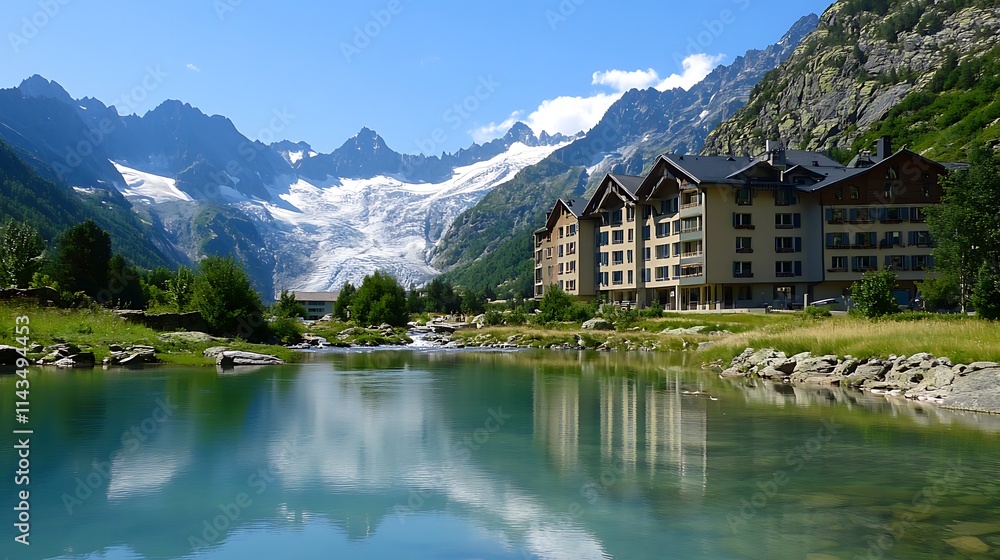 Fototapeta premium Alpine Hotel Reflecting in Pristine Lake, French Alps Summer. AI Generated