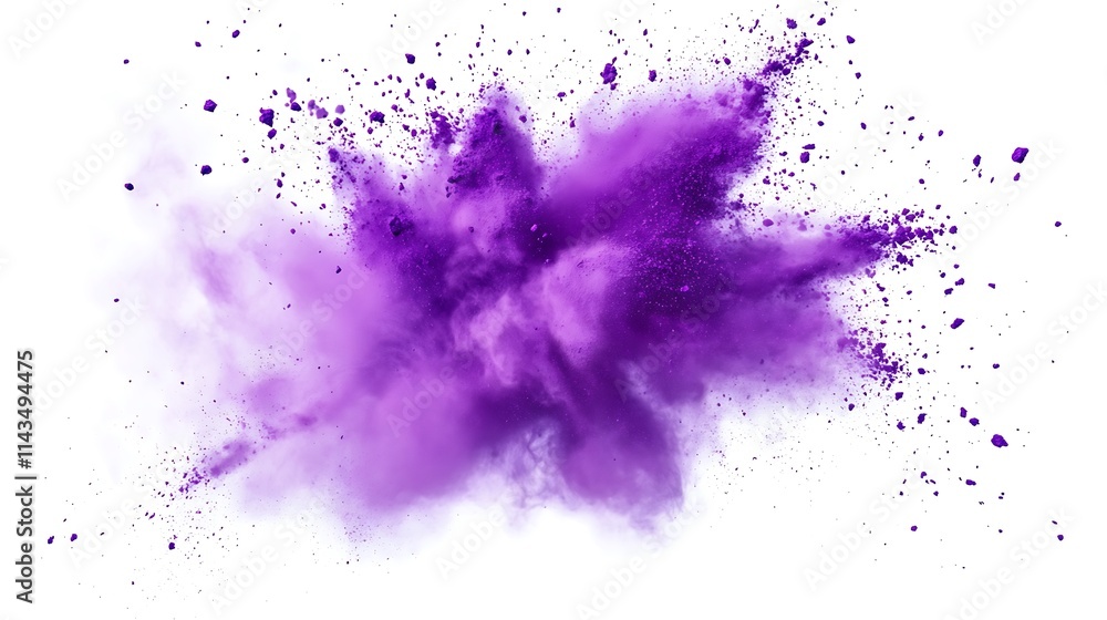 Purple dust explosively bursting white backdrop photo. AI Generated Purple dust explosively bursting white backdrop photo. AI Generated