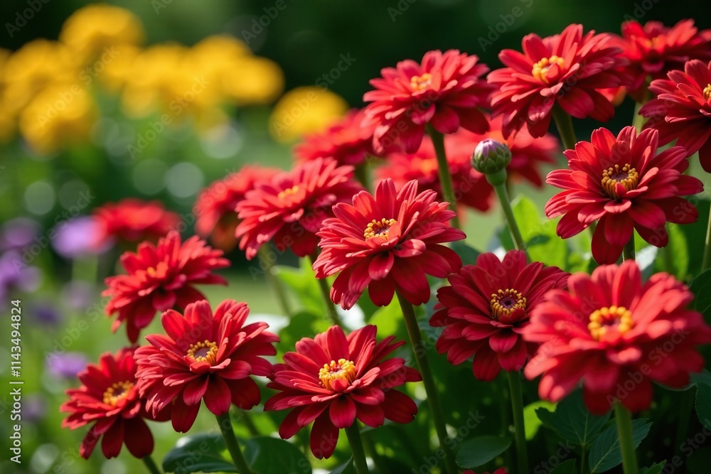 A garden bed filled with red chrysanthemum flowers in full bloom with grass and wildflowers, red, garden A garden bed filled with red chrysanthemum flowers in full bloom with grass and wildflowers, red, garden