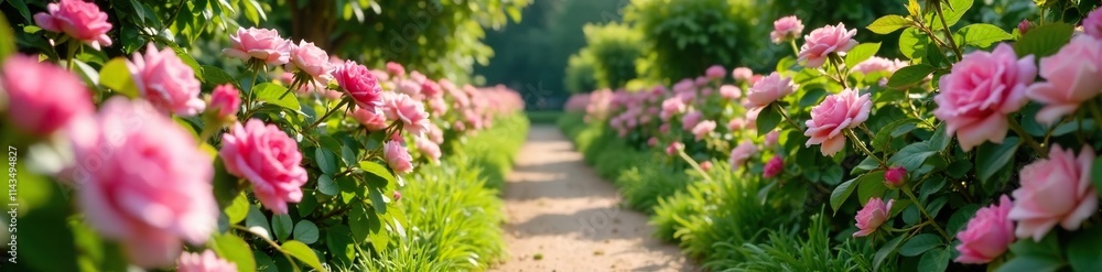 A garden path lined with blooming pink fresh roses and greenery, pink flowers, nature's splendor A garden path lined with blooming pink fresh roses and greenery, pink flowers, nature's splendor
