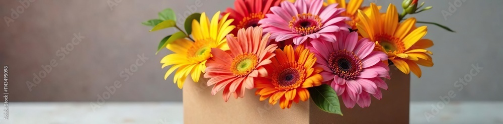 A gift box filled with a mix of colorful flowers like dahlia and gerbera, wrapping, paper A gift box filled with a mix of colorful flowers like dahlia and gerbera, wrapping, paper