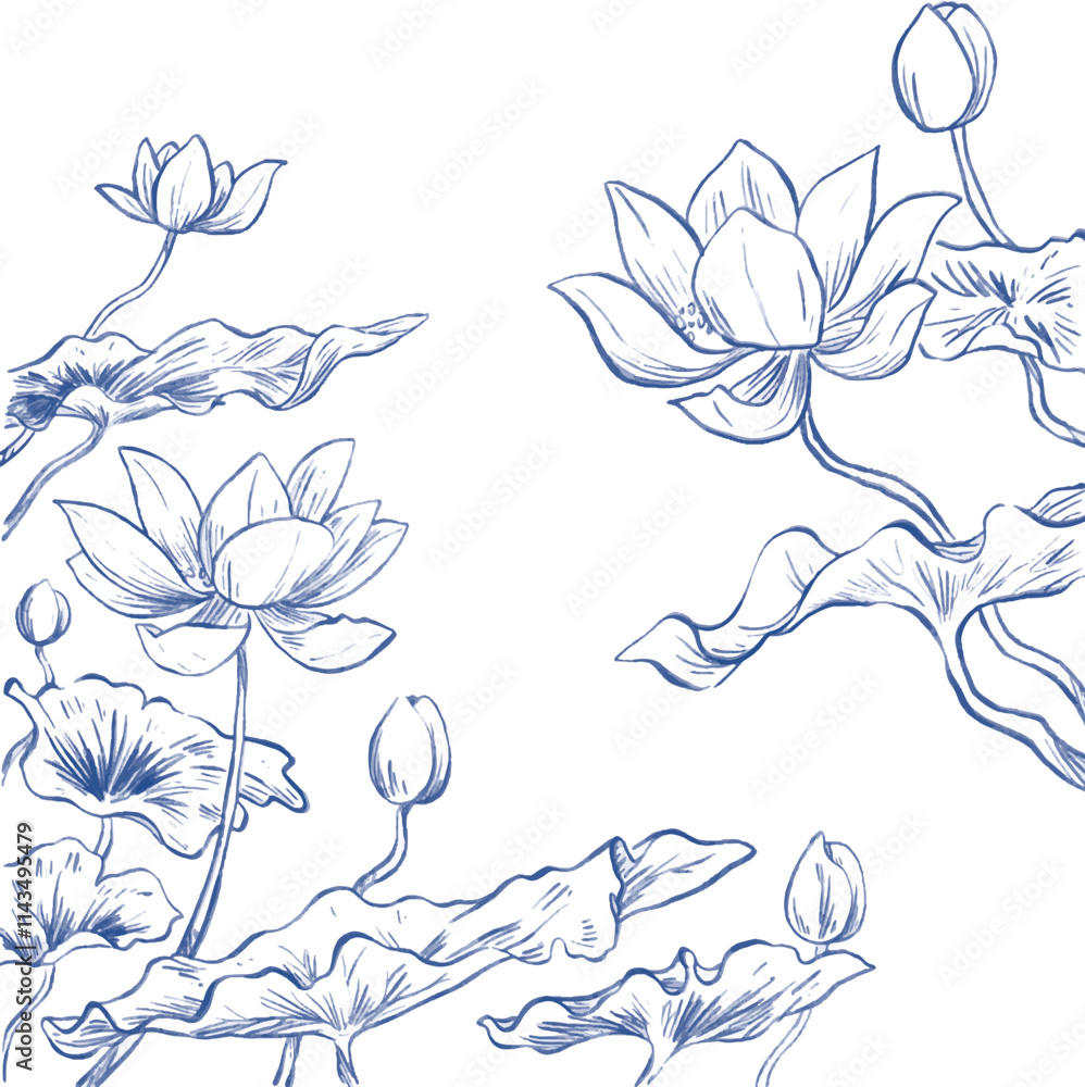Fototapeta premium oriental chinese japanese inking lotus flower sketch frame and border illustration