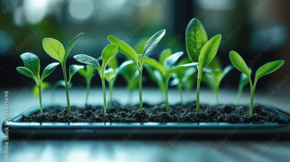 Green Seedlings Growing on Smartphone Symbolizing Sustainable Business Growth and Eco-Friendly Technology Green Seedlings Growing on Smartphone Symbolizing Sustainable Business Growth and Eco-Friendly Technology