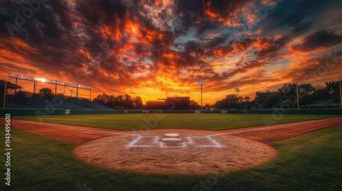 Fiery sunset over a baseball field at dusk; stadium lights illuminate the scene. Perfect for sports, nature, and inspirational themes; evokes feelings of hope and achievement. photo